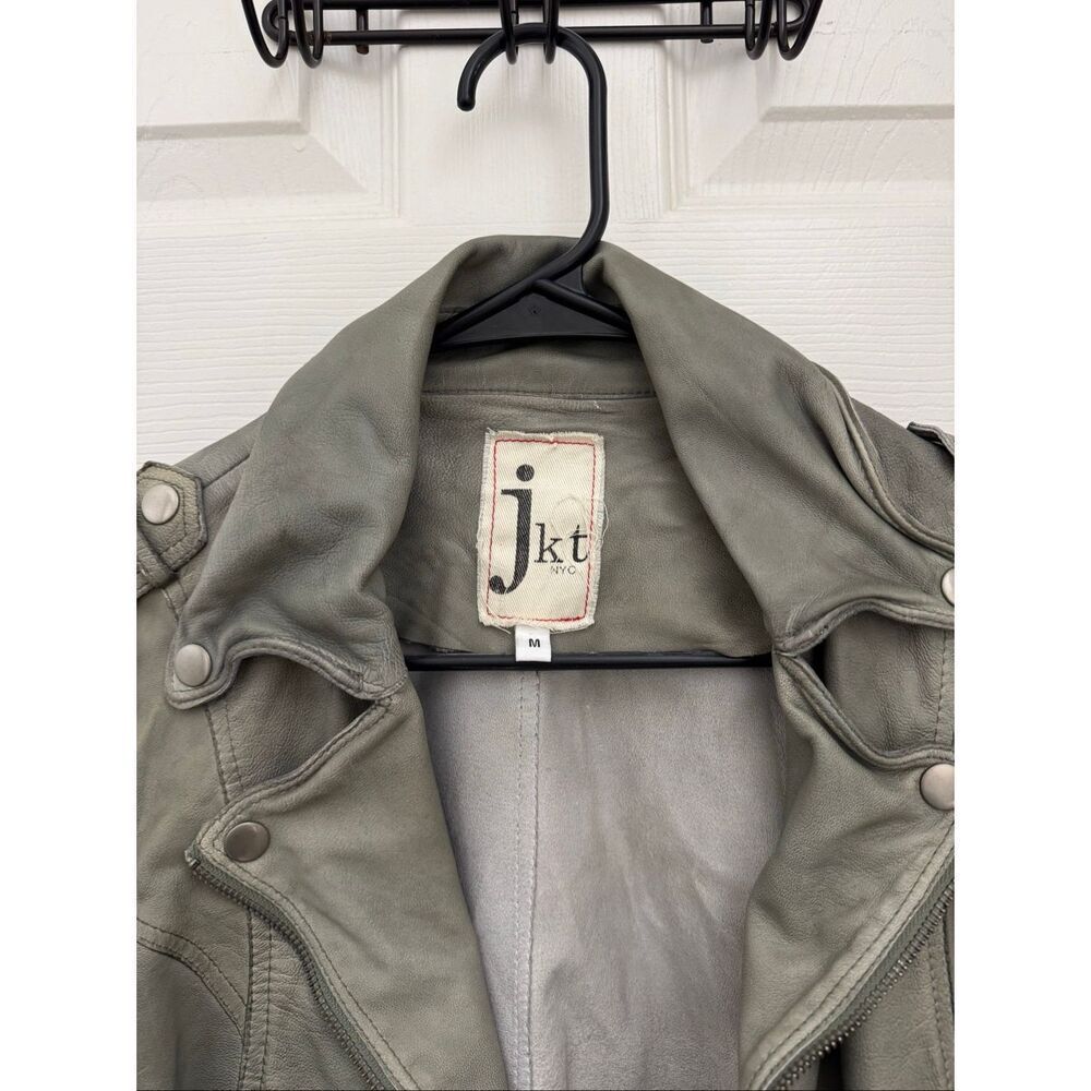 jkt Jackett NYC 100% Genuine Leather Moto Jacket Size Medium Green Zippers - Picture 3 of 8
